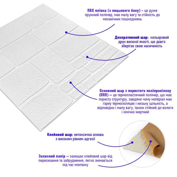 Самоклеюча 3D панель камінь білий 700х700х6мм (151) SW-00001155 SW-00001155 фото
