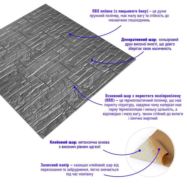 Самоклеюча 3D панель культурний камінь срібло 700x770x5мм (156) SW-00000751 SW-00000751 фото