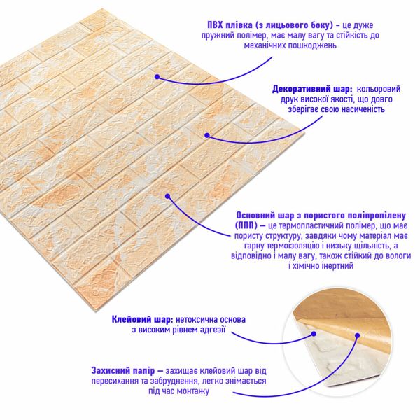 Декоративна 3D панель самоклейка під цеглу Бежевий мармур 700х770х5мм (062) SW-00000032 SW-00000032 фото