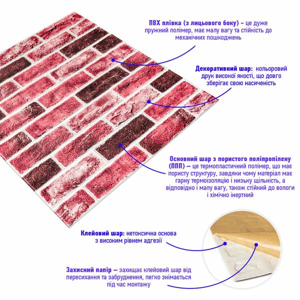Самоклеюча 3D панель цегла клінкер насичений червоний 700х700х5мм (416) SW-00001182 SW-00001182 фото